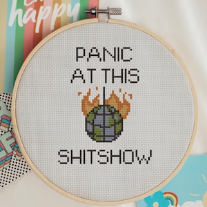 Panic at This Shitshow Cross Stitch Pattern – Funny Modern Embroidery PDF – Snarky Home Decor