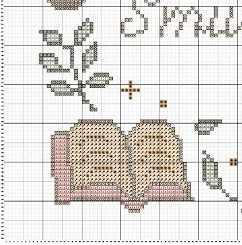 May include: A cross-stitch pattern featuring a closed book with a pink spine and brown pages, surrounded by green leaves and a small brown cross.