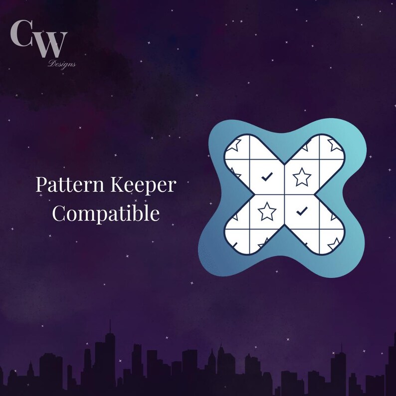 May include: A blue and white pattern keeper compatible with the Pattern Keeper app. The image features a stylized X with a grid pattern and check marks and stars in the squares. The image is set against a dark purple background with white stars.