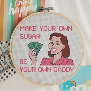 Kruissteekpatroon Sugar Mumma | Snarky feministisch modern borduurwerk pdf | Grappige subversieve muurdecoratie