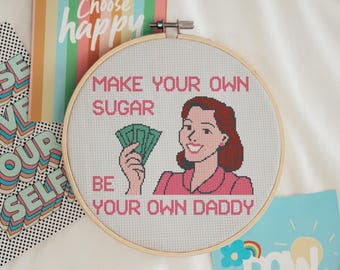 Patrón de punto de cruz "Sugar Mumma" / Bordado moderno feminista sarcástico (PDF) / Decoración de pared subversiva y divertida