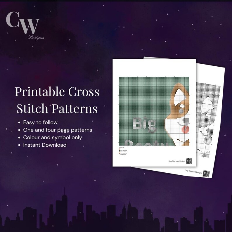 May include: Printable cross stitch patterns for a dog with the text "Big" on the background. The patterns are easy to follow and include color and symbol only.