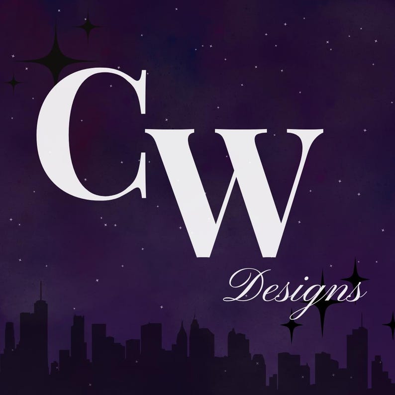 May include: A white logo with the letters "CW" in a bold font, with the word "Designs" in a cursive font below. The logo is set against a dark purple background with white stars.