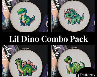 Pode incluir: Quatro padrões de ponto cruz com diferentes dinossauros. Os padrões são exibidos em aros de bordado sobre um fundo escuro. O texto "Lil Dino Combo Pack" é exibido no centro da imagem. O texto "4 Patterns in one!" é exibido no canto inferior direito da imagem.