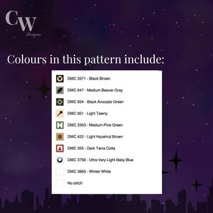 May include: A list of DMC floss colors with their corresponding names and numbers. The colors include black brown, medium beaver gray, black avocado green, light tawny, medium pine green, light hazelnut brown, dark terra cotta, ultra very light baby blue, winter white, and no stitch.