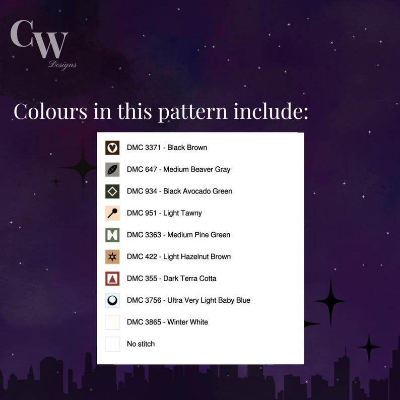 May include: A list of DMC floss colors with their corresponding names and numbers. The colors include black brown, medium beaver gray, black avocado green, light tawny, medium pine green, light hazelnut brown, dark terra cotta, ultra very light baby blue, winter white, and no stitch.