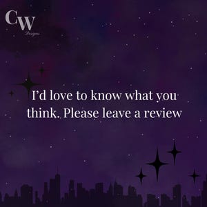 May include: A purple night sky with white stars and a cityscape silhouette at the bottom. The text "I'd love to know what you think. Please leave a review" is in the center of the image.