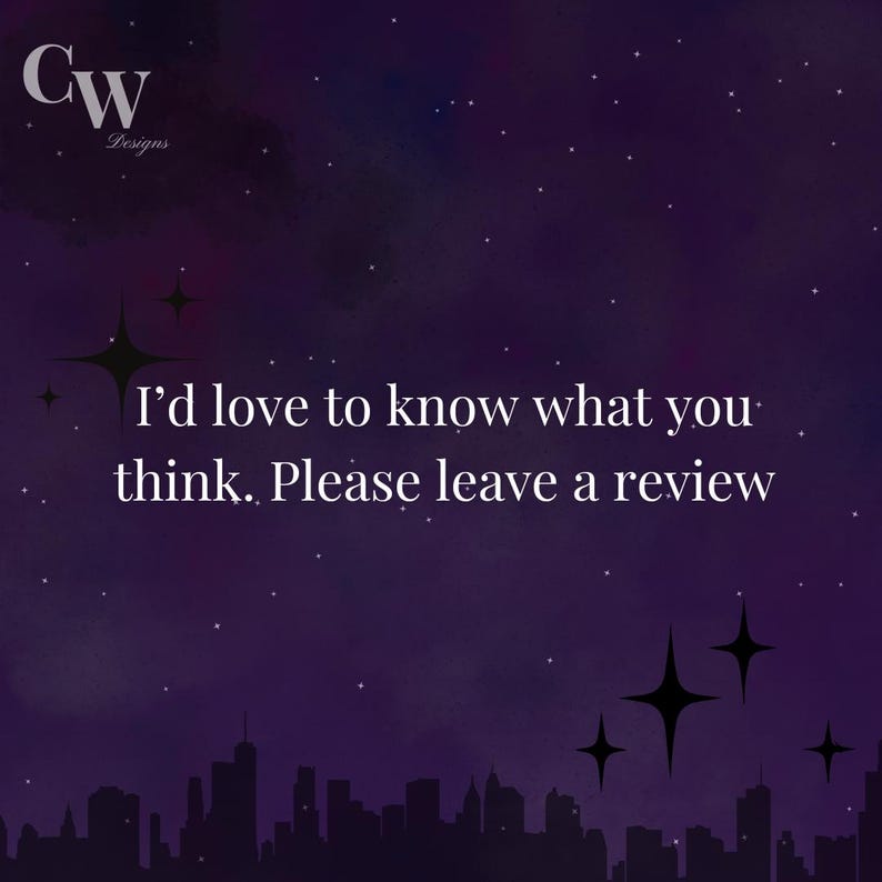 May include: A purple night sky with white stars and a cityscape silhouette at the bottom. The text "I'd love to know what you think. Please leave a review" is in the center of the image.