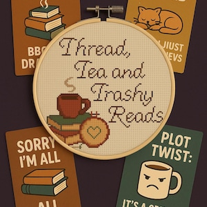 Thread, Tea & Trashy Reads Cross Stitch – Smut Romantasy PDF Pattern – Snarky Bookish Embroidery