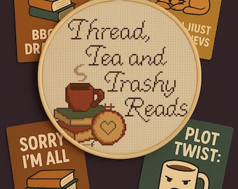 Thread, Tea & Trashy Reads Cross Stitch – Smut Romantasy PDF Pattern – Snarky Bookish Embroidery