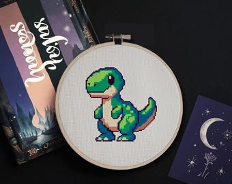 Lil Dinosaur Cross Stitch Pattern - Colorful T-Rex Embroidery - Prehistoric PDF Pattern