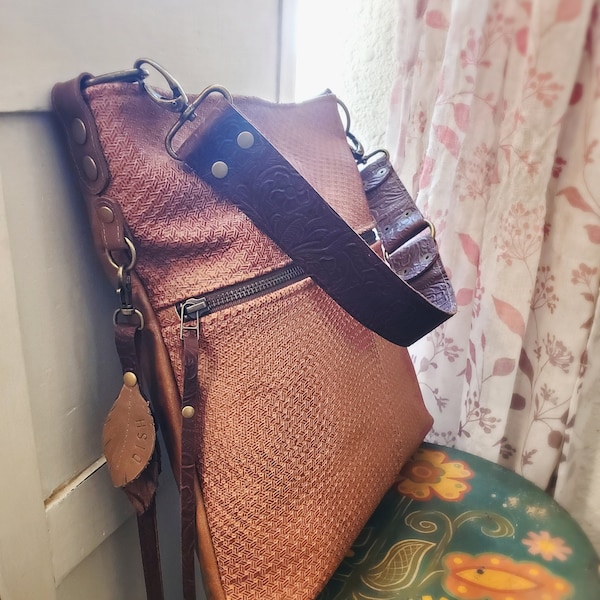 Stamped Elk Leather Large Hobo Shoulder Bag Purse Cinnamon Red Brick Red