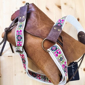 Guitar Purse Strap Woven Crossbody Strap Boho Purse Strap Pink Natural and Brown