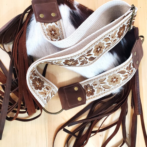 Guitar Purse Strap Woven Crossbody Strap Boho Purse Strap Brown and Taupe Floral