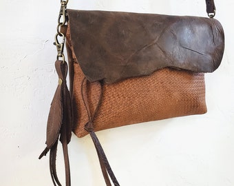 Small Leather Clutch Crossbody Shoulder Bag Stamped Cinnamon Elk Leather