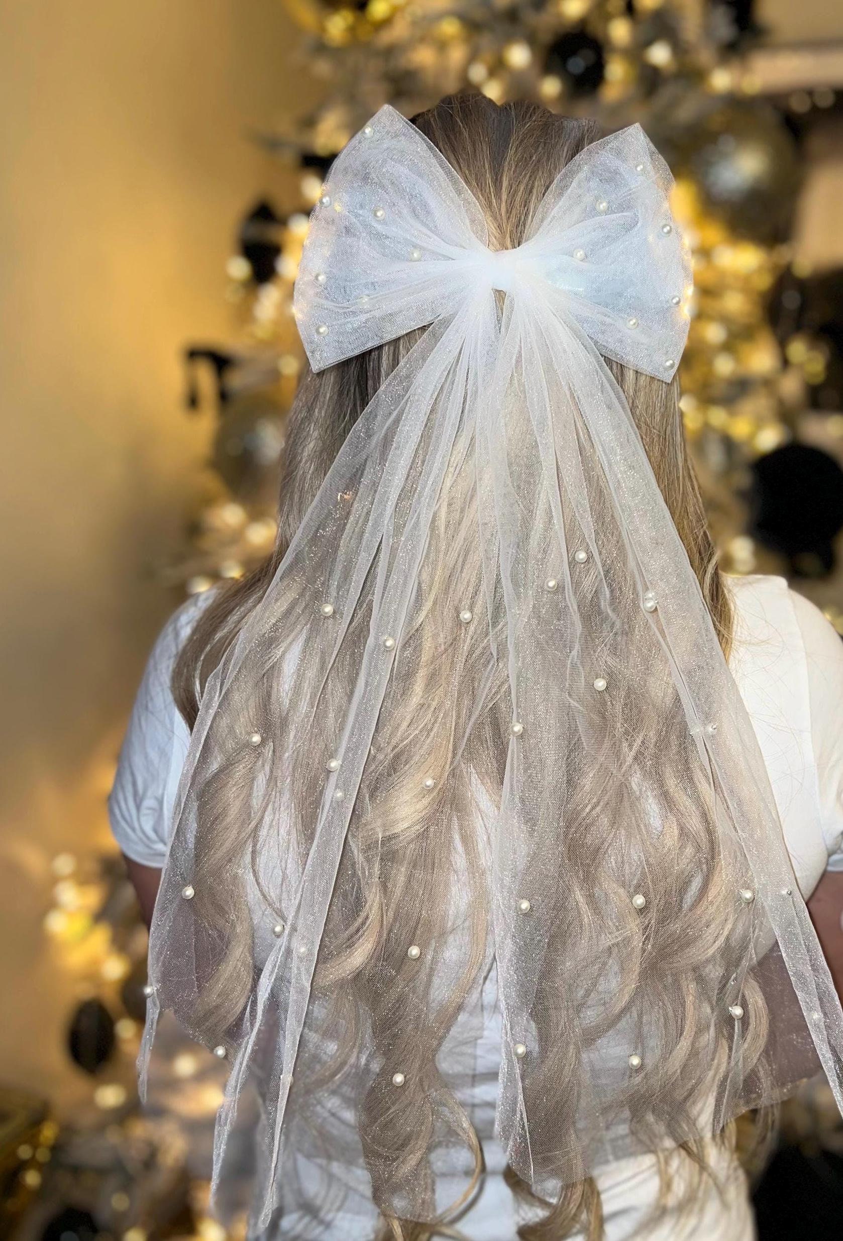 White Tulle Pearl Bridal Hair Bow Clip: Wedding Veil - Etsy