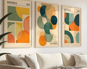 Set di 3 stampe vintage Bauhaus: arte geometrica retrò, poster astratti di metà secolo, trio di decorazioni murali moderne e minimaliste