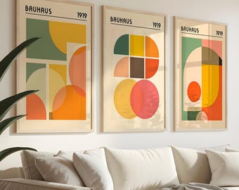 Vintage Bauhaus Print Set of 3 – Retro Geometric Wall Art, Minimal Abstract Posters, Mid-Century Inspired Decor