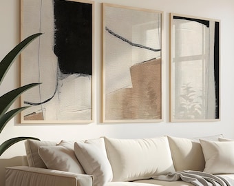 Set of 3 Neutral Tone Abstract Prints, Minimal Modern Wall Art, Beige & Taupe Home Decor