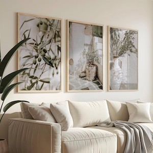 Set of 3 Mediterranean Photography Prints – Soft Neutral Tones, Coastal Architecture & Floral Serenity