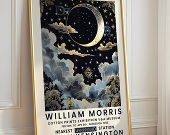 William Morris Moon Stars Print, Blue Gold Celestial Art
