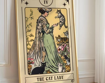 Lámina de la carta del Tarot "La Dama Gato": Ilustración moderna de gato, póster minimalista inspirado en el Tarot, elegante arte mural felino