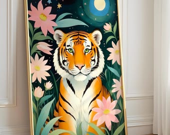 Tijgerprint, kinderkamerposter, decor kinderkamer, magische muurkunst, kindercadeau, dierenkunstwerk, botanisch, bloemenprint