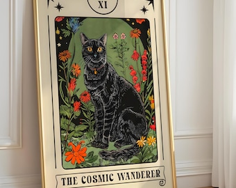 The Cosmic Wanderer – Schwarze Katze Print, Mystische Himmlische Illustration, Kosmische Illustration, Witchy Wandkunst