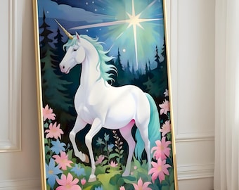 Impression de licorne magique, affiche d'animal rêveur, décoration de chambre de fille, art mural pour chambre d'enfant, oeuvre d'art de conte de fées