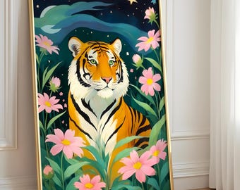 Dromerige tijgerprint, botanische poster, bloemenkunstwerk, decoratie kinderkamer, kunst aan de muur kinderkamer, magisch
