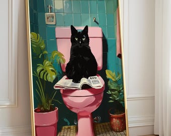 Black Cat Bathroom Print – Funny Cat Reading Newspaper, Pink Toilet Wall Art, Whimsical Bathroom Decor