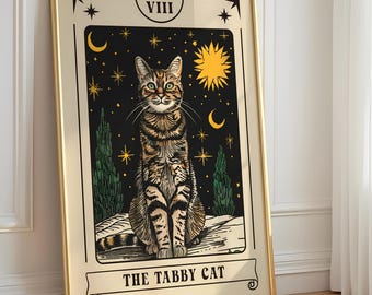 Impresión de la carta del Tarot "El Gato Atigrado": Ilustración de un Gato Místico, Póster de Tarot Fantasioso, Arte Mural de Arcanos Felinos