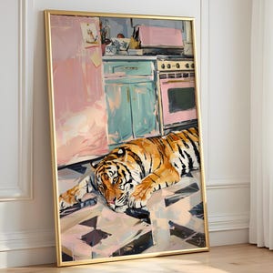 Tiger in der Küche Wandkunst, Preppy Maximalist Poster, Spaß Wanddekoration, Tier Wandkunst, Kinder Wanddekoration, Geschenk für Sie