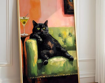 Cocktail And Black Cat In Funny Pose Wall Art, Playful Animal Print, Fun Bar Decor, Gift For Cat Lover, Maximalist Art Poster