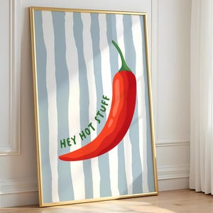 Chili-voedselposter, leuke moderne voedselafdruk, citaat van Hey Hot Stuff, keukenmuurdecoratie, handgetekende illustratie, cadeau voor haar