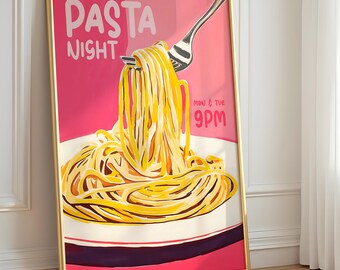 Pasta Night Vintage Food Poster, Modern Kitchen Illustration