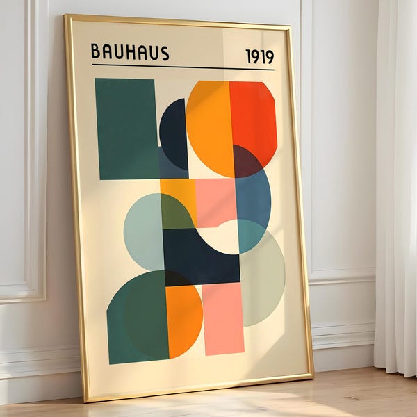 Bauhaus-tryck med abstrakta former, modernistisk geometrisk konst, minimalistisk heminredning, snygg industriell affisch, present till honom