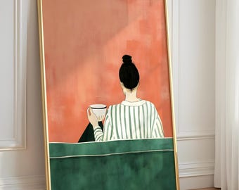 Chic Woman With Coffee Print, Modern Kitchen Wall Art, Minimalist Lounge Decor, Coffee Lover Gift