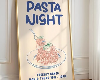 Pasta Night Retro Kitchen Poster, Vibrant Food Art Print