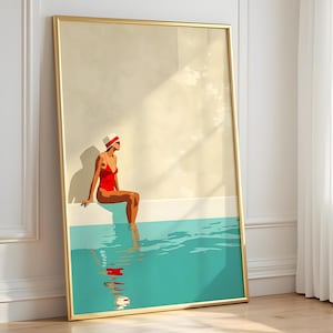 Modern Swimmer Art Print, Feminine Vintage Poster, Minimalist Maximalist Home Decor, Coastal Bathroom Wall Art, Gift For Friend