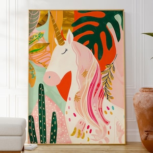 Arte de pared de unicornio, divertido y colorido arte infantil, estampado de flores, decoración de pared de animales, póster infantil, regalo único para un amigo