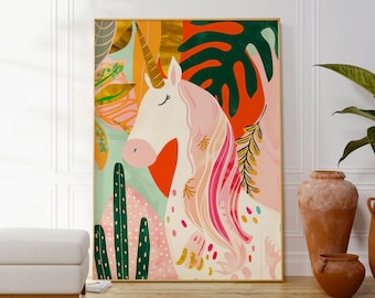 Unicorn Wall Art, Fun Colourful Nursery Art, Flower Pattern, Animal Wall Decor, Children&#39;s Poster, Unique Gift For Friend