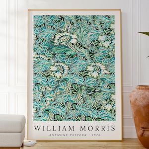Stampa con motivo anemone di William Morris, poster botanico verde, elegante opera d'arte ispirata alla natura, Art Nouveau, opera d'arte originale, idea regalo per lei