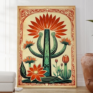 Retro mexikanischer Kaktus Druck, modernes Blumen Kaktus Plakat, Wüsten-Wand-Kunst-Dekor, lebendige botanische Hauptkunst, Geschenk für sie ihn, Natur inspiriert