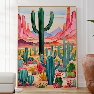 Wasserfarben Kaktus Wüste Poster, Mexikanische Kakteen Poster, Buntes Botanisches Wanddekor, Natur inspiriertes Kunstwerk, Geschenkidee Für Sie Und Ihn