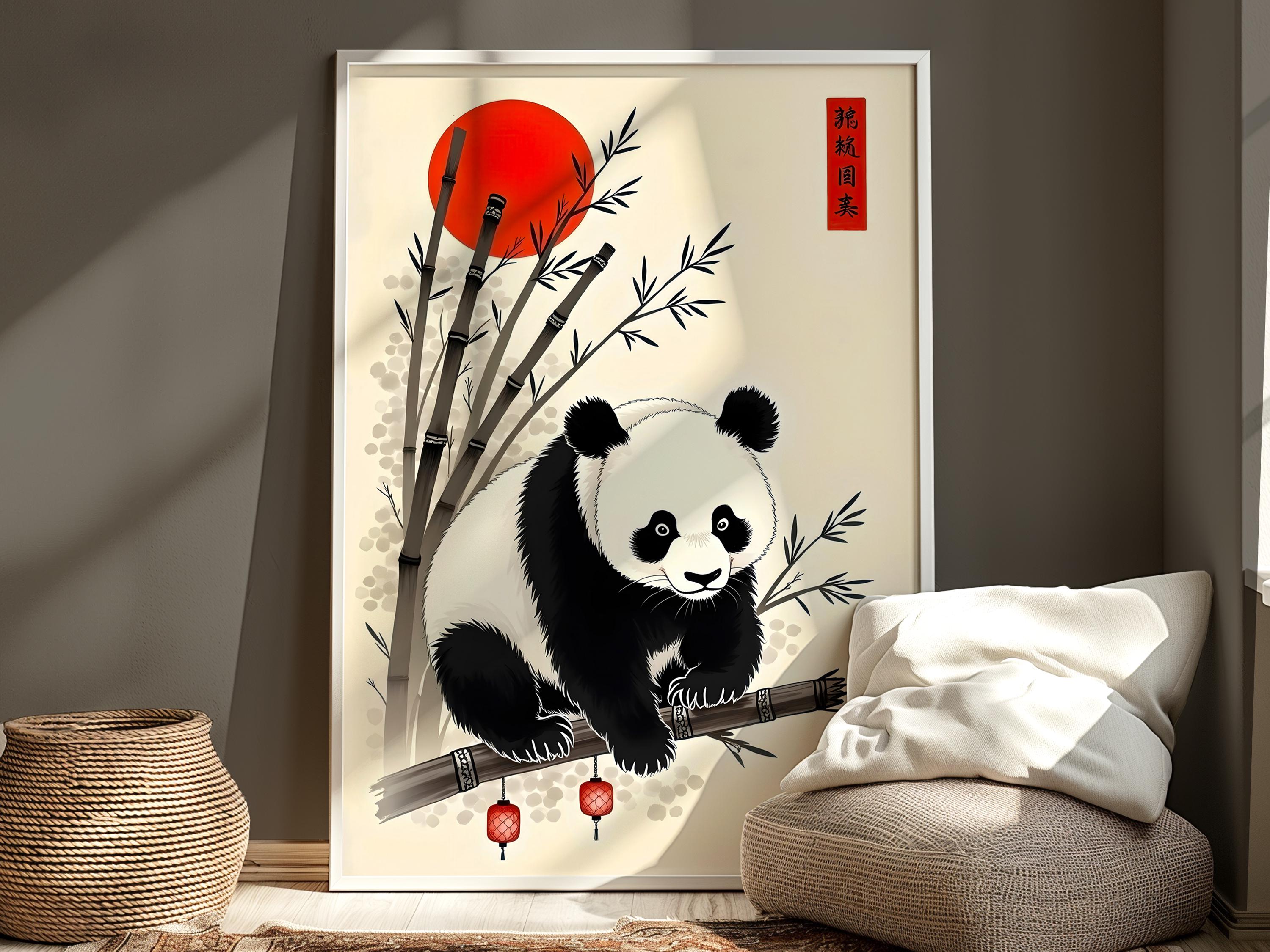 Japanese Panda Wall Poster, Bamboo and Lantern Illustration