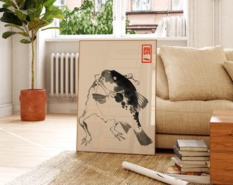 Matsumoto Hoji Frog and Fish Minimalist Ink Poster, Japanese Wall
