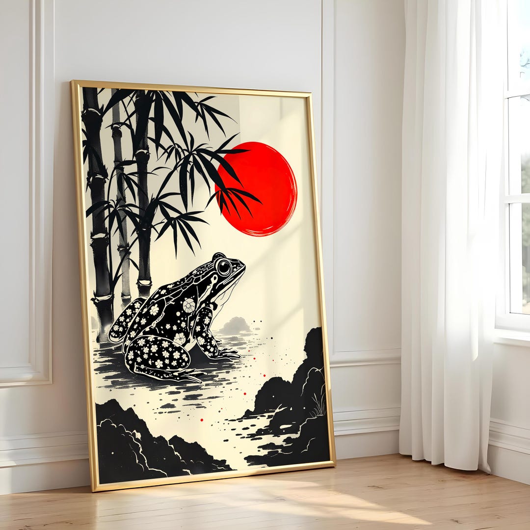 Japandi Frog Art Print, Relaxing Minimalist Animal Poster, Bamboo