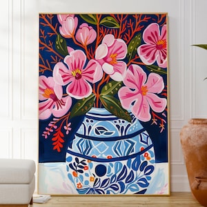 Impresión de flores rosas en un jarrón, arte con estampados coloridos, botánico, ilustración moderna, regalo para ella, popular ahora, póster maximalista