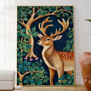 Poster di cervi, stampa artistica ispirata alla natura, opera d'arte sulla fauna selvatica, cervi in una foresta, decorazione da parete per la galleria domestica, idea regalo botanica originale